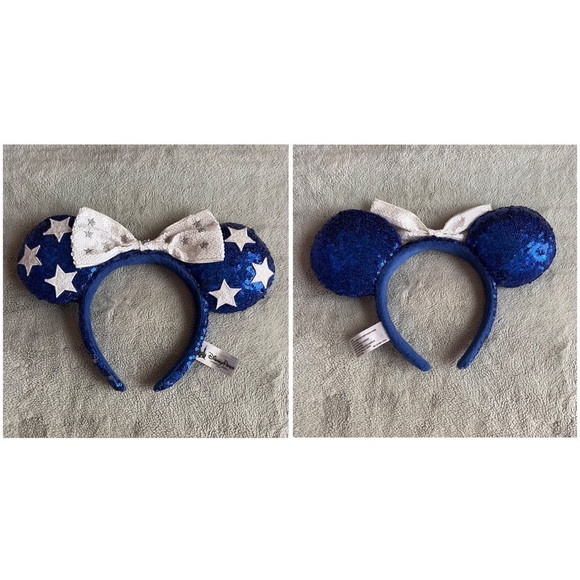 Disney Parks Minnie Mouse Mickey Ears Headband Sequin Stars Blue White Silver - Picture 4 of 12